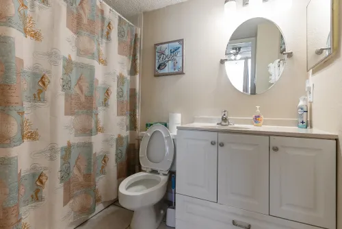 Master bedroom, bathroom, shower and tub