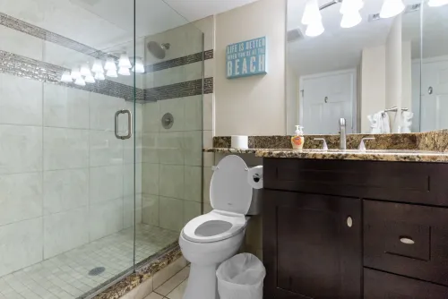 Master bedroom bathroom with granite walk-in tile shower 