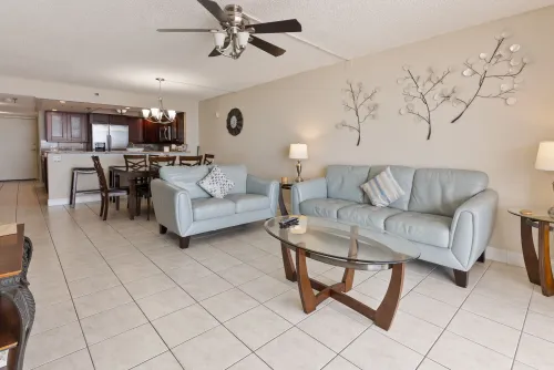 Living room overlooking dining room and kitchen